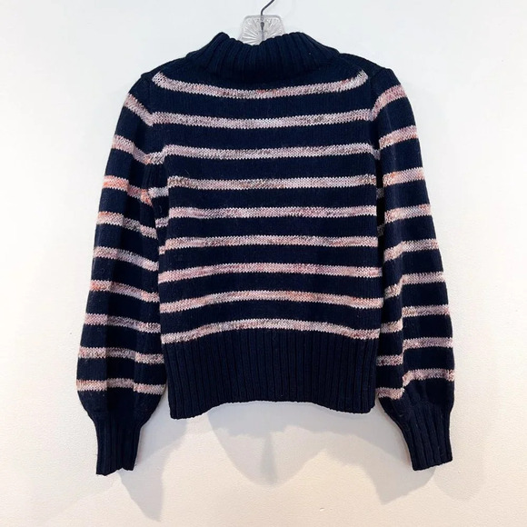 Madewell Wool Blend Navy Pink Striped Mock Neck Preppy Knit Pullover Sweater S - Picture 5 of 6
